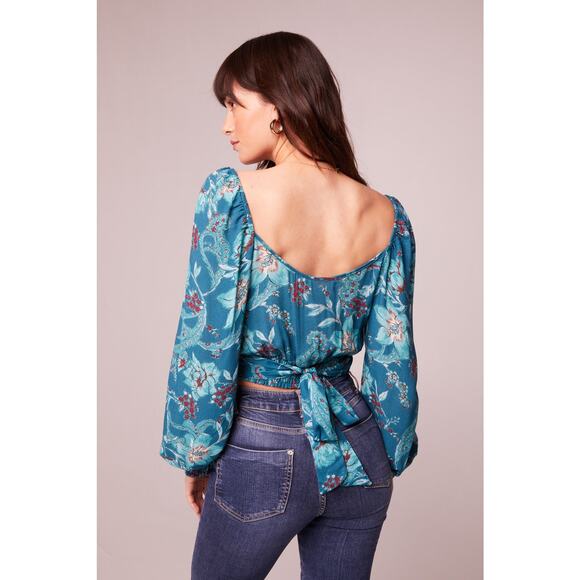 Band of the Free Sybille Teal Boho Floral Smocked Crossover Crop Top Casual L - Picture 5 of 5